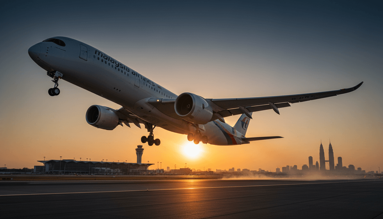 A Malaysia Airlines aircraft takes off from Kuala Lumpur International Airport, its engines glowing faintly, against a backdrop of a vibrant sunset, symbolizing the Malaysia Airlines Changsha surge and new connectivity.