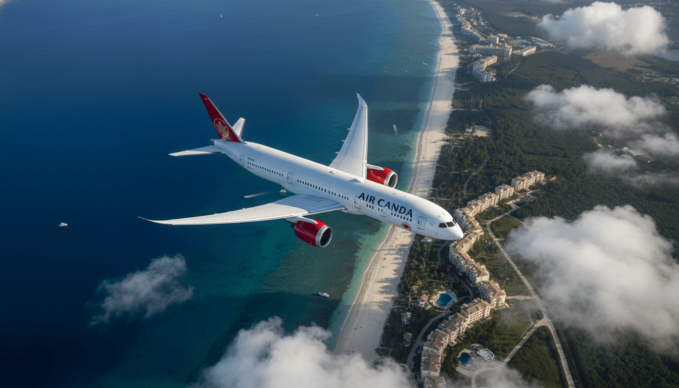 An aerial view of an Air Canada Boeing 787 Dreamliner flying over a pristine coastline, symbolizing the new Air Canada beach routes.