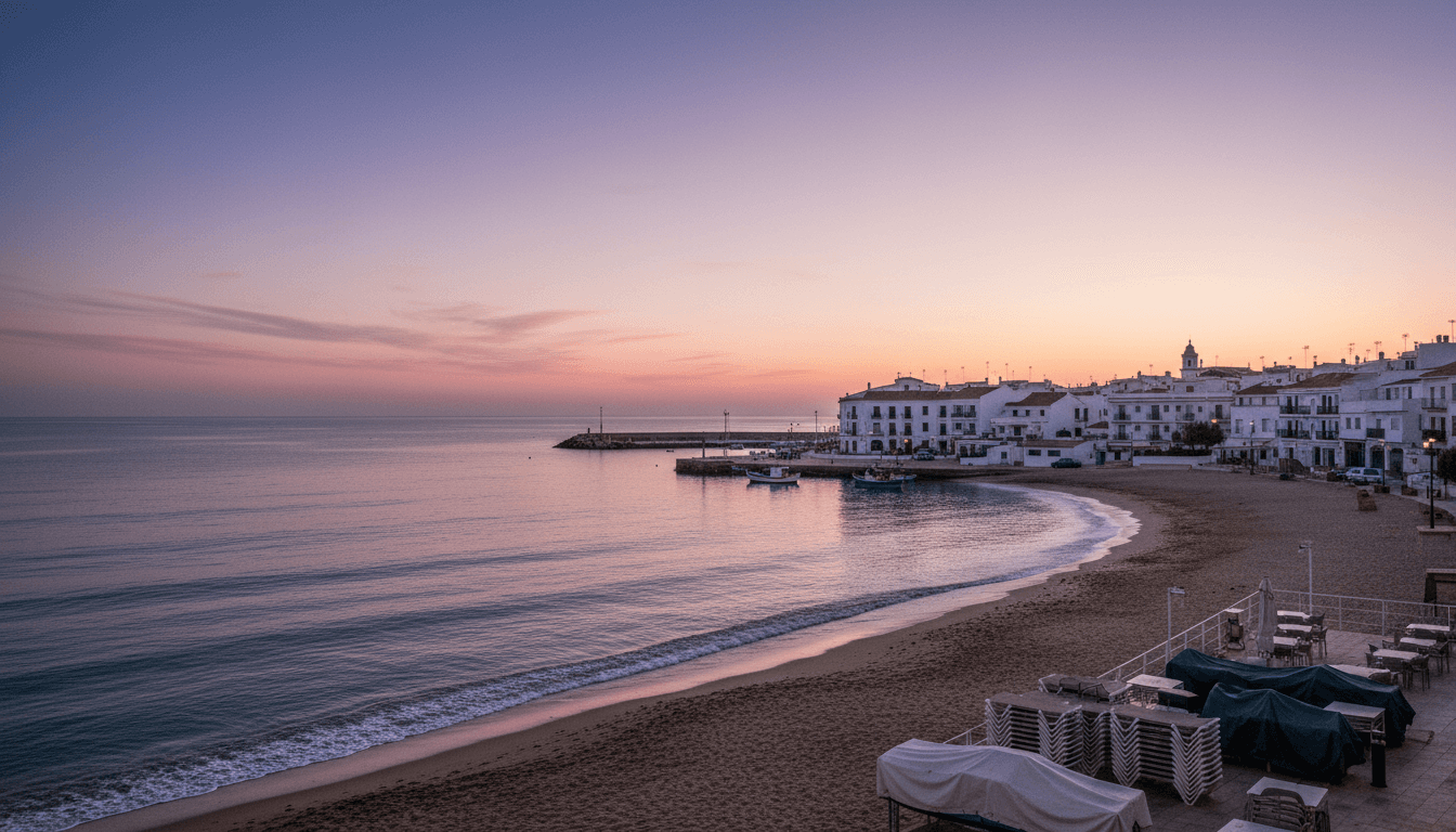 A serene, early morning view of a Spanish coastal town, with the rising sun casting a golden glow over tranquil waters, symbolizing the steady Spain tourism outperformance.