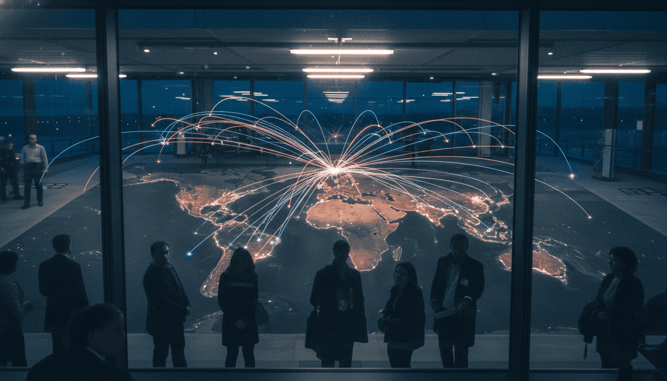 A conceptual image representing the massive Athens Airport investment, showing intertwined light trails of airplanes forming a global network.