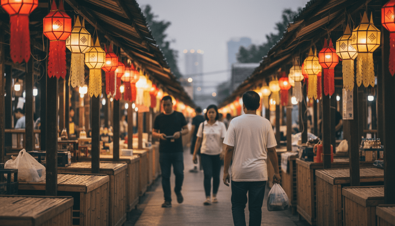 A bustling street market in Bangkok at dusk, with soft lights illuminating the scene, reflecting Thailand's revised visa fee structure aims for continued accessibility.