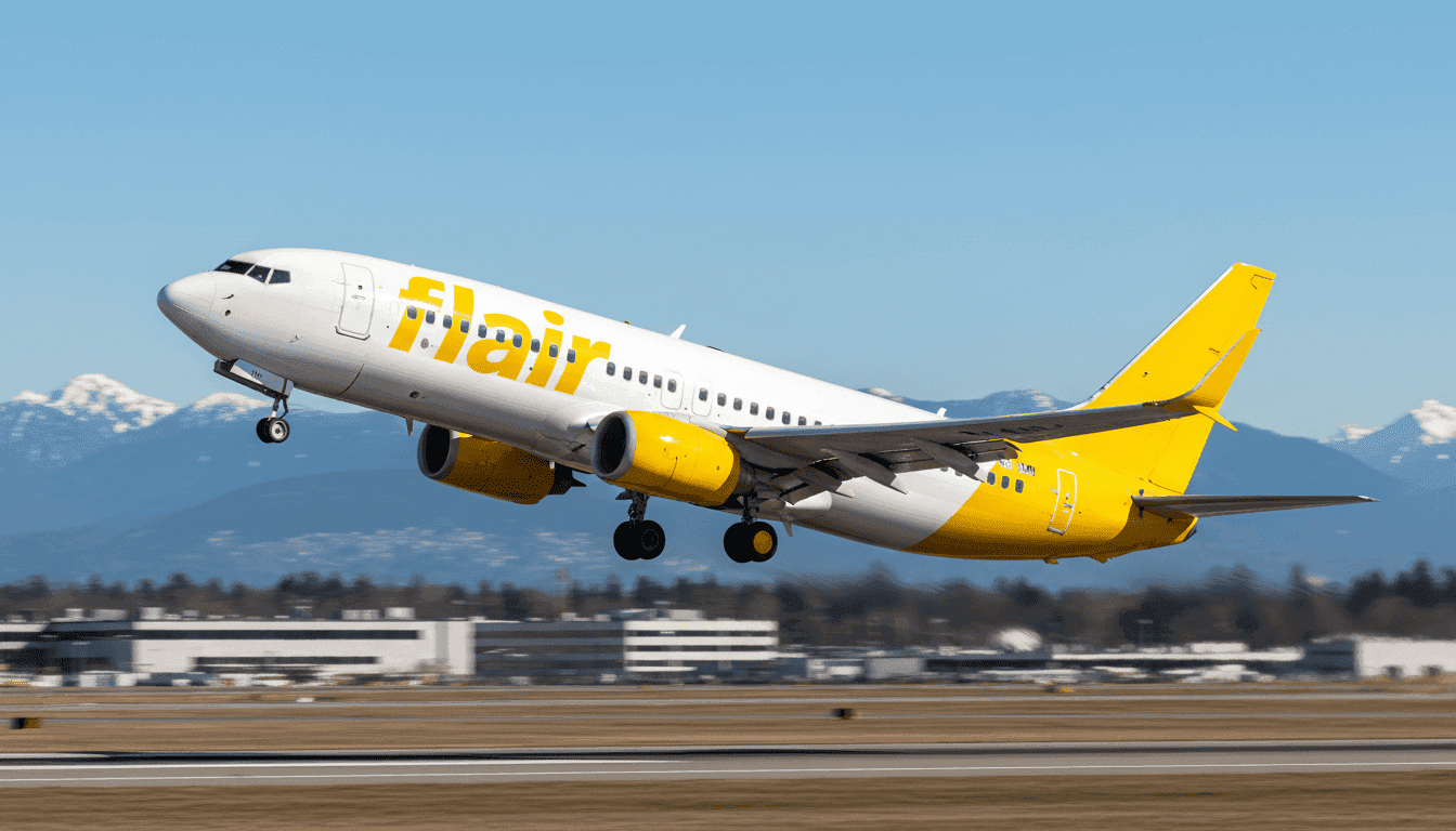 A Flair Airlines Boeing 737 aircraft takes off from Vancouver, symbolizing Flair Airlines launches first-in-Canada flight to a sunny destination.