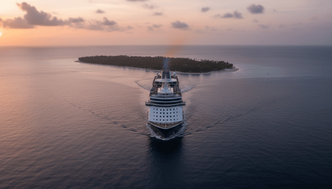 A cruise ship sailing away from a darkened, ominous Caribbean island under a stormy sky, symbolizing a U.S. warning against travel to a Caribbean cruise destination.