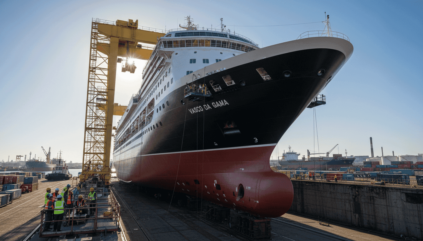 The Vasco da Gama cruise ship docked in a drydock facility with maintenance workers visible, emphasizing the unscheduled drydock.
