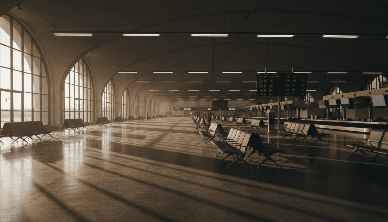 An empty airport terminal bathed in the golden light of dawn, symbolizing the quiet anticipation of future low-cost long-haul flights.