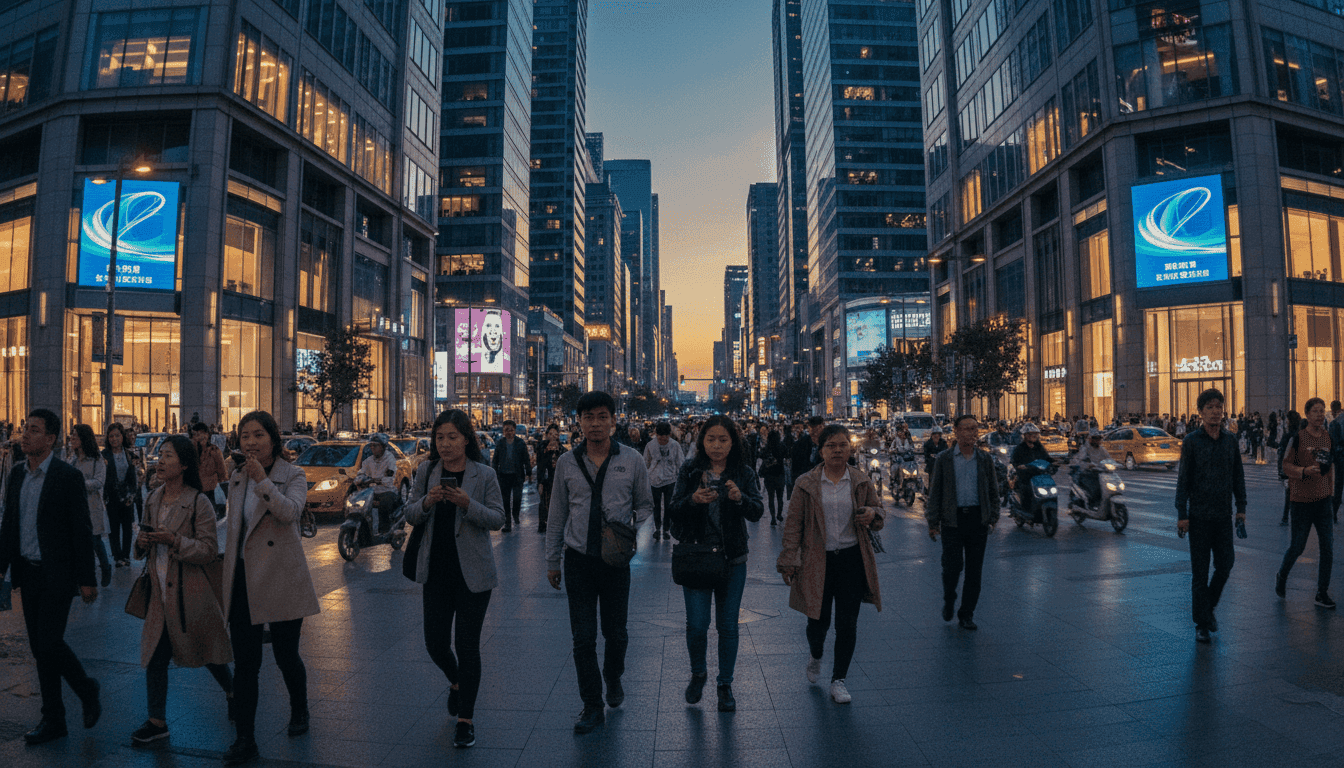 A bustling street scene in a major mainland China city, filled with pedestrians and modern architecture, illustrating the appeal of Mainland China tourism for Hong Kong visitors.