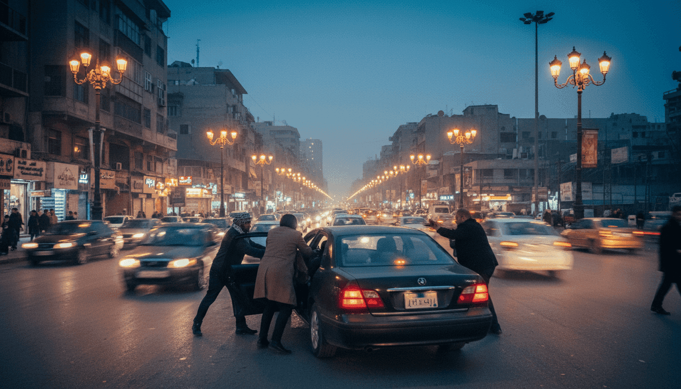A silhouette of a US journalist kidnapped in Baghdad being forced into a car by multiple figures on a dimly lit street.