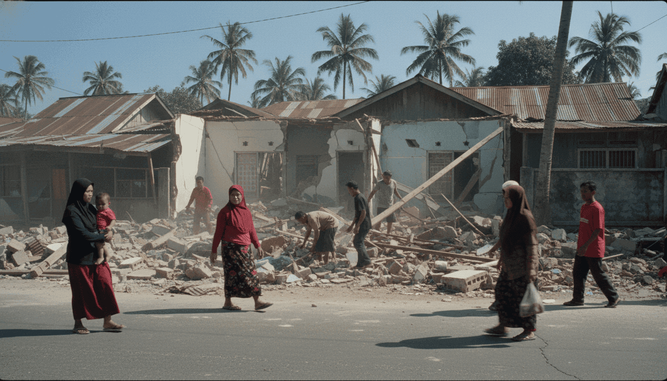 Damaged buildings in Ternate after the 7.4 Indonesia earthquake, with debris scattered on the street.