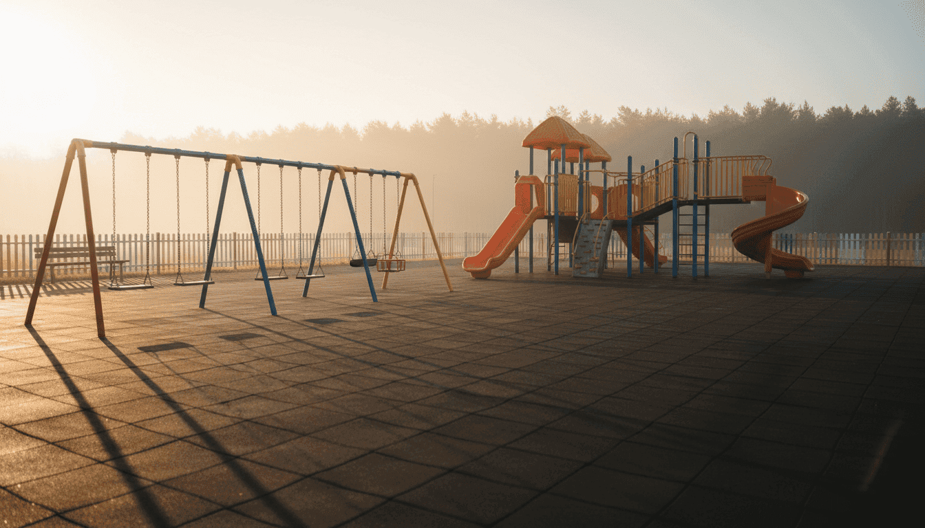 An empty, quiet playground at sunrise, symbolizing the aftermath of the Ugandan nursery attack
