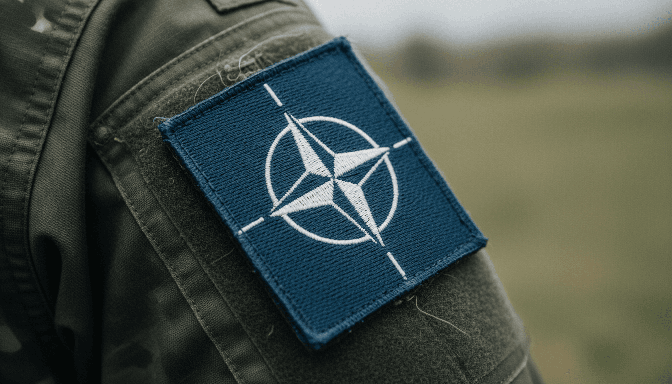 A close-up of a NATO emblem on a uniform sleeve, symbolizing the critical Trump NATO threats to the alliance.