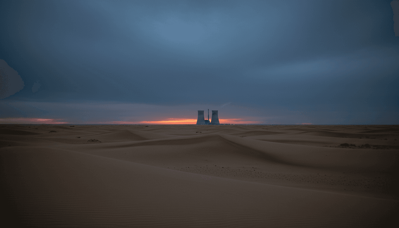 A desolate, sand-swept landscape at dusk with the distant silhouette of a nuclear power plant, symbolizing the UN Watchdog Iran Nuclear Attacks concerns.