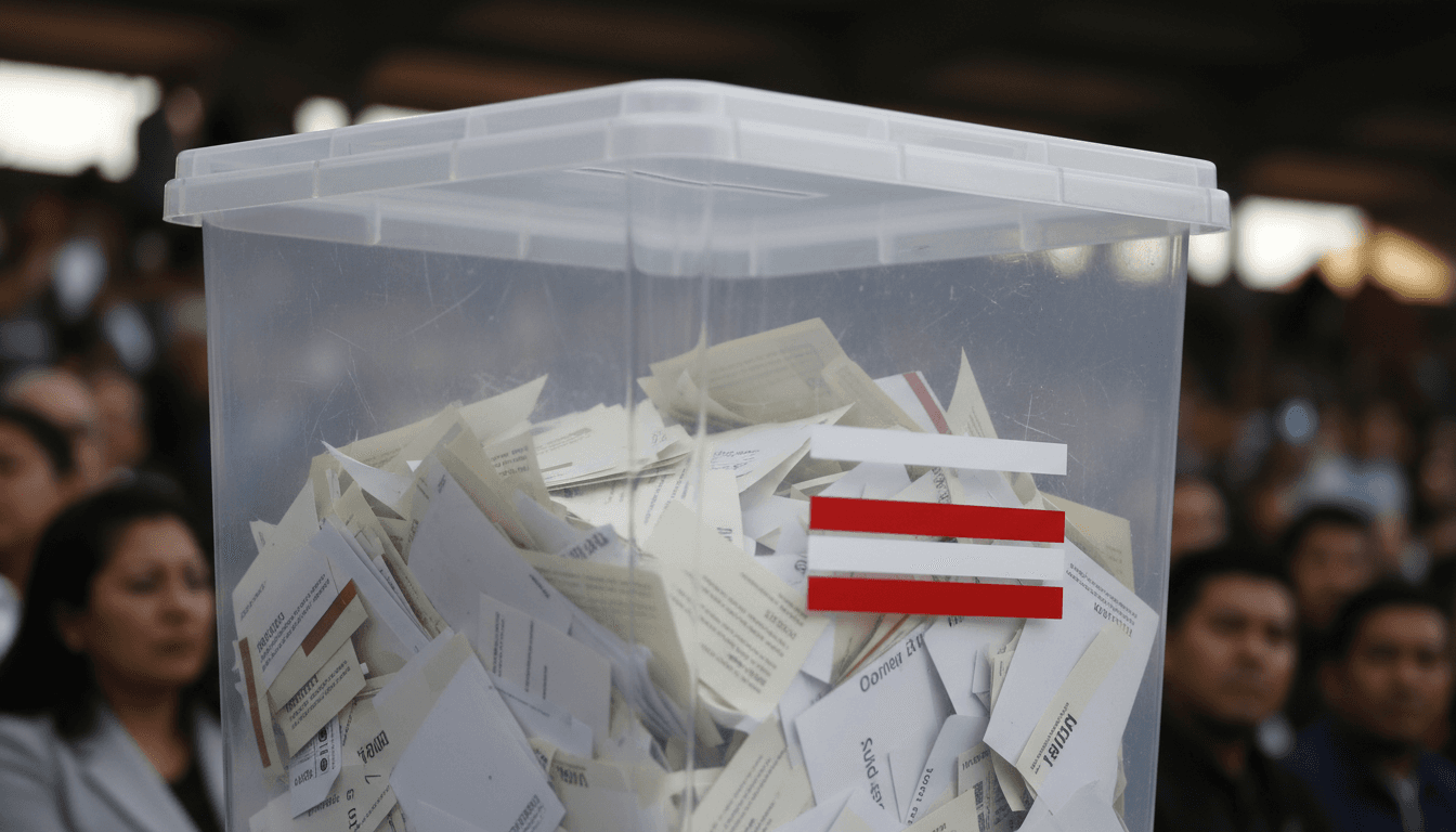 Close-up of a ballot box with a stylized Peruvian flag, symbolizing Keiko Fujimori leads Peru Presidential Polls.