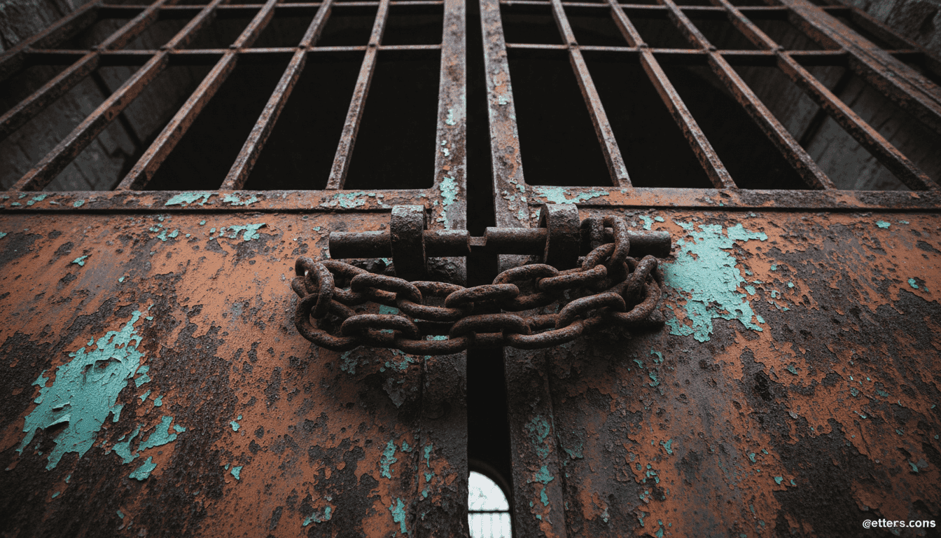 A close-up of a weathered, locked metal gate with a chain, symbolizing the DR Congo deportations deal and restricted movement.