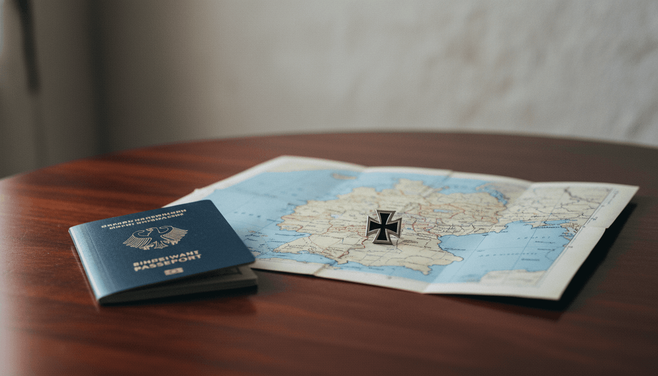 A German passport, a map of Europe, and a small Bundeswehr insignia badge arranged on a wooden table, symbolizing the Germany military service age limit policy.