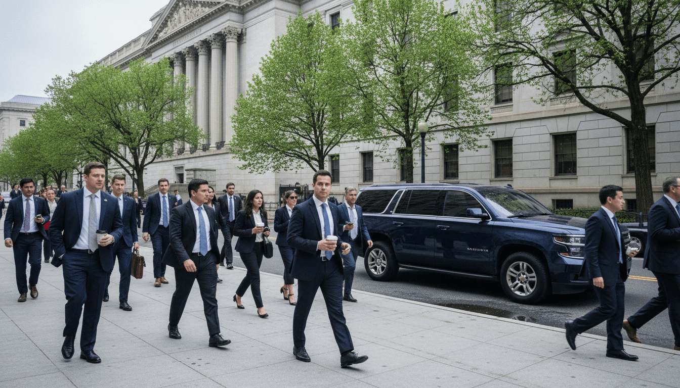 A bustling street scene in Washington D.C. with a subtle digital overlay representing US bank AI cyber risks.