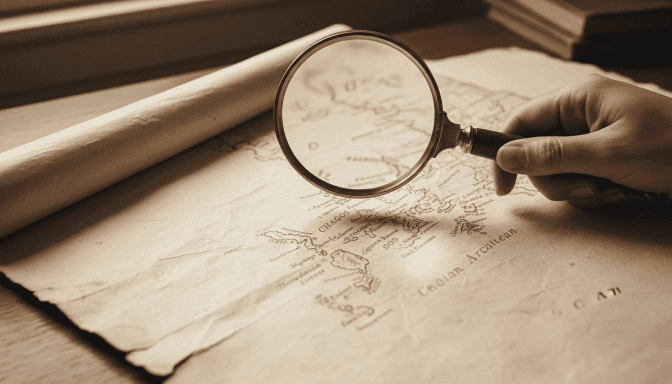 A close-up detail of a weathered, antique map highlighting the Chagos Islands decolonisation dispute, with faded lines and historical script.