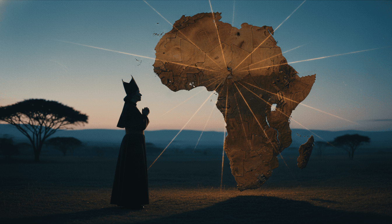 A silhouette of Pope Leo XIV standing before a vibrant, abstract map of Africa, highlighting the continent's diverse cultures and spiritual growth during his significant Pope Leo XIV Africa tour.
