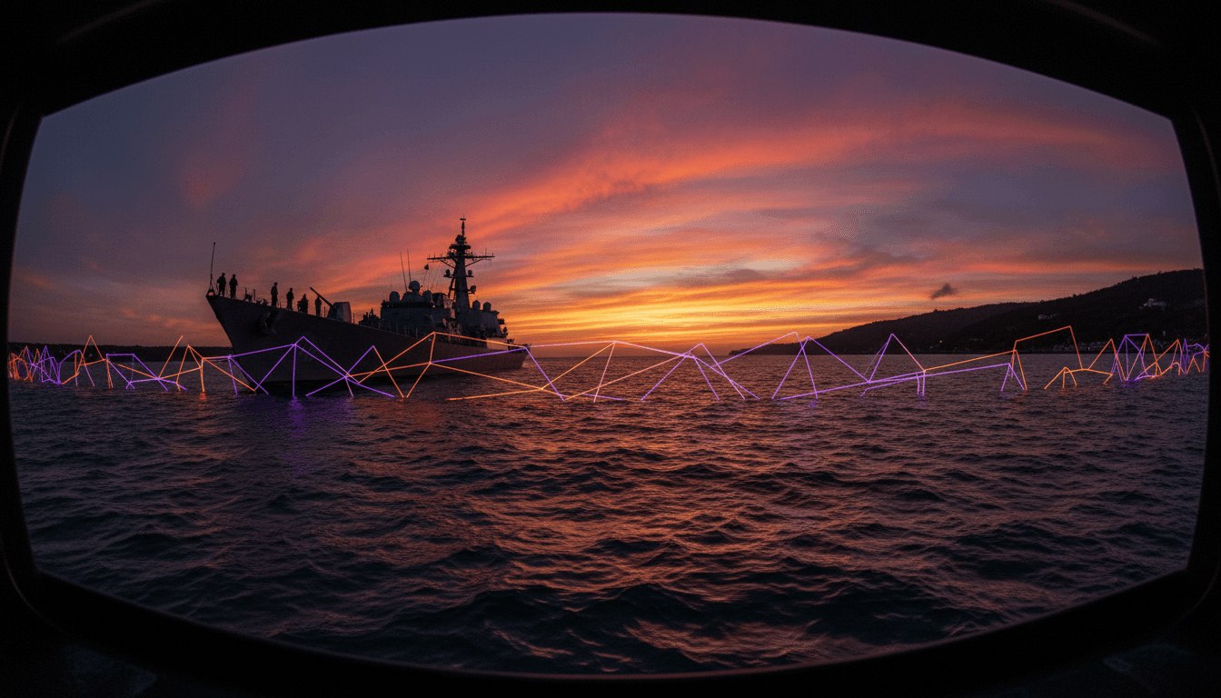 A conceptual image representing the US military blockade on Iranian ports, showing a stylized naval vessel near a dotted line across a strait.