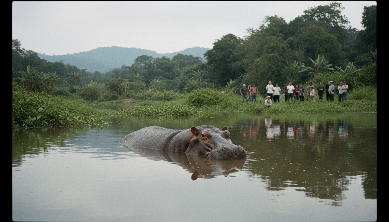 A hippo partially submerged in a river, with the focus keyphrase Colombia culls hippo population.
