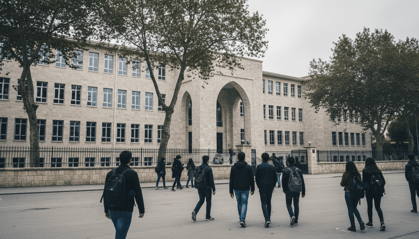 A wide shot of a Turkish high school building under a clear sky, with students cautiously emerging from the main entrance after the Turkey school shootings.