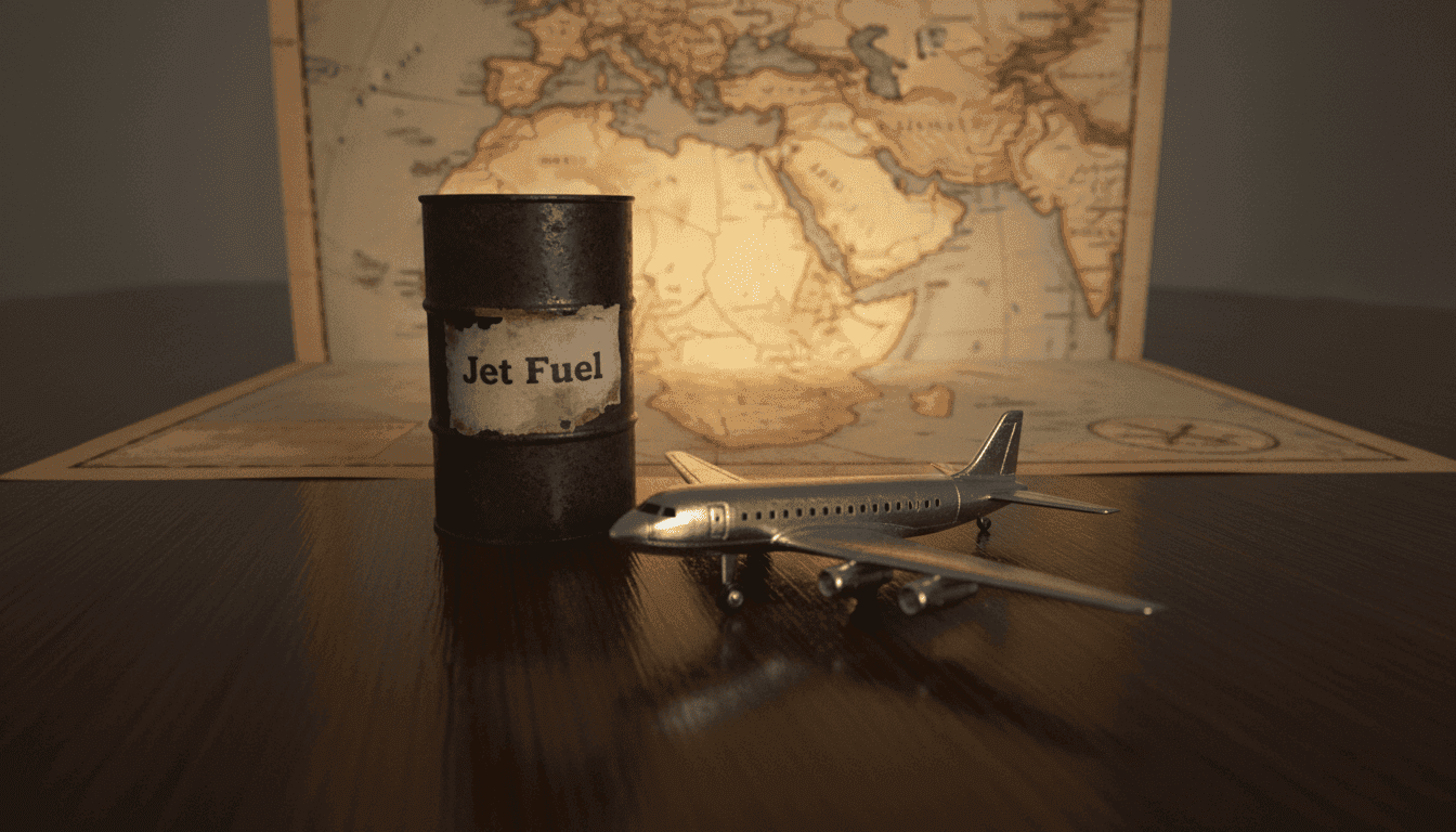 A close-up still life composition illustrating the Europe jet fuel crisis, featuring a miniature airplane model alongside a small barrel labeled 'jet fuel' and a map of the Strait of Hormuz.