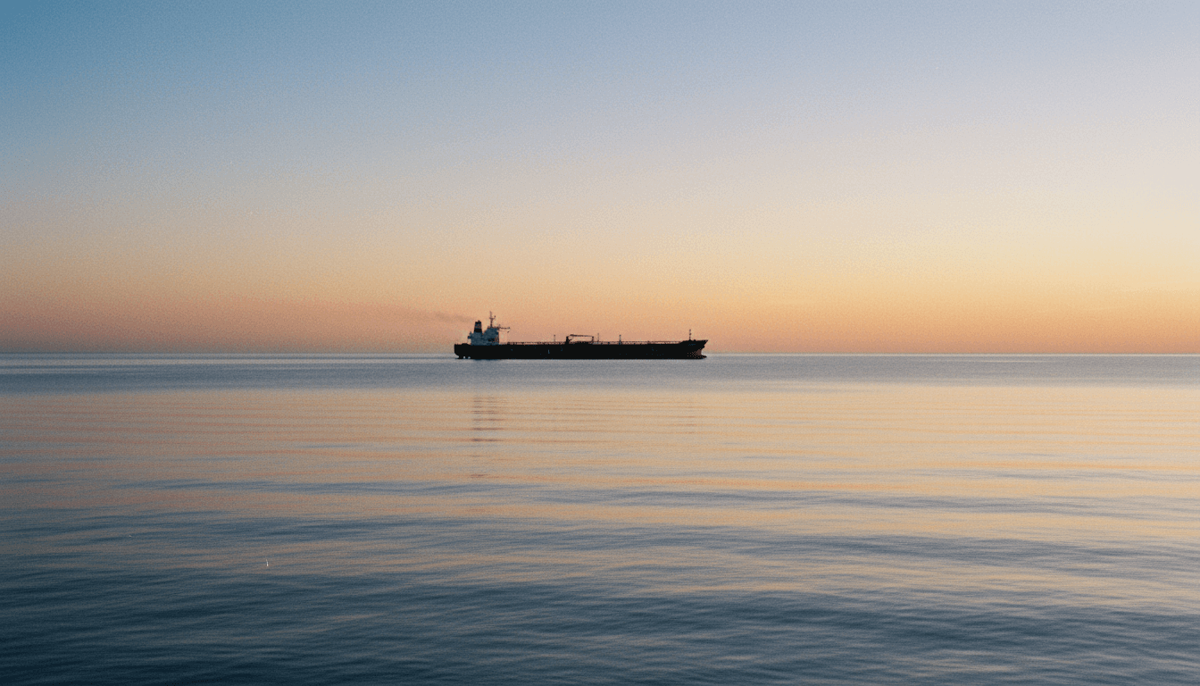 A lone tanker navigating the calm but strategically vital waters of the Strait of Hormuz under a clear sky, symbolizing the Europe-led coalition Strait of Hormuz mission.