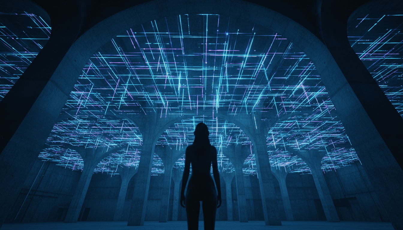 A silhouette of a figure standing before a digital network grid, symbolizing the complexities of a critical FISA renewal and surveillance.