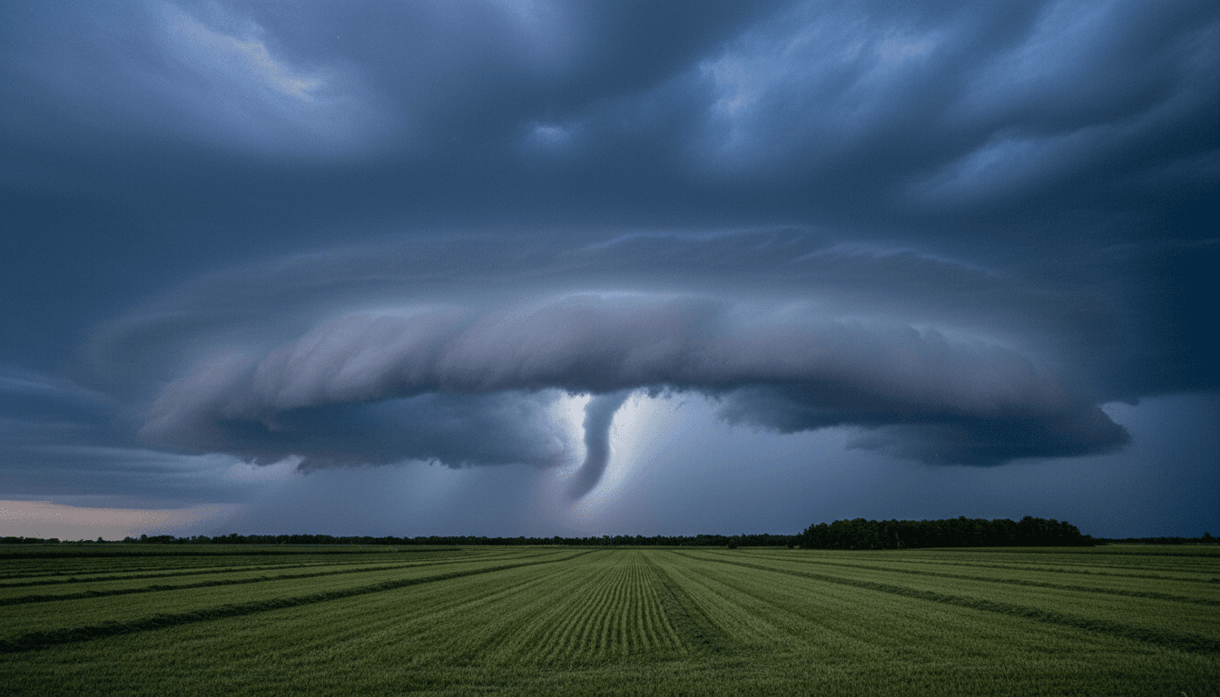 A powerful supercell thunderstorm with a visible tornado funnel cloud forming over a rural field during critical Heartland storms.