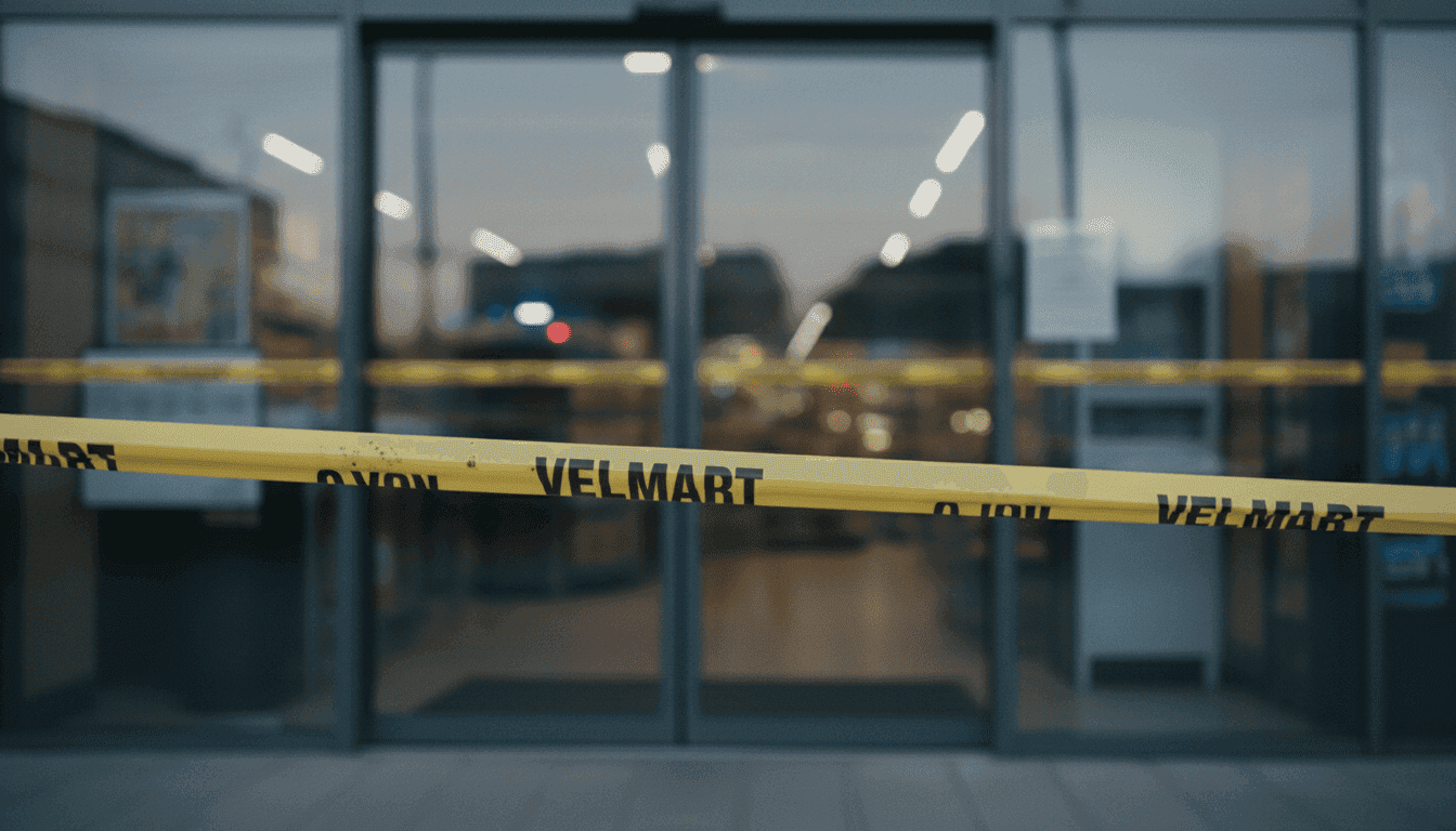 A close-up view of police tape cordoning off an entrance to a 'Velmart' supermarket in Kyiv, with the 'Kyiv hostage crisis escalates' banner subtly visible.