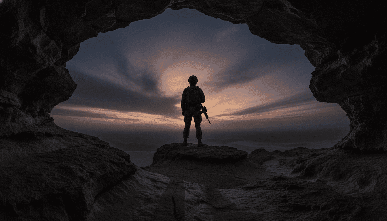 A silhouette of a uniformed soldier standing against a dramatic, cloudy sky, symbolizing the gravity of the Ben Roberts-Smith war crime charges.
