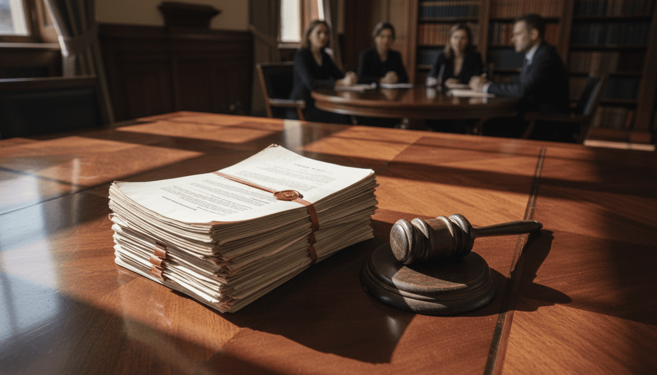 A stack of official legal documents and a small gavel on a dark wooden table, symbolizing the El Salvador mass MS-13 trial.