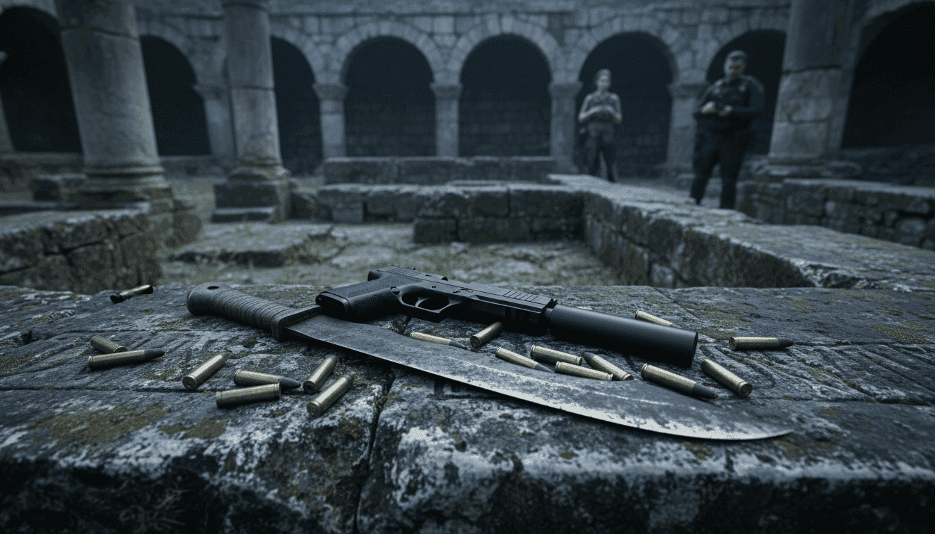 A recovered firearm, bladed weapon, and ammunition on display after the Teotihuacán shooting incident.