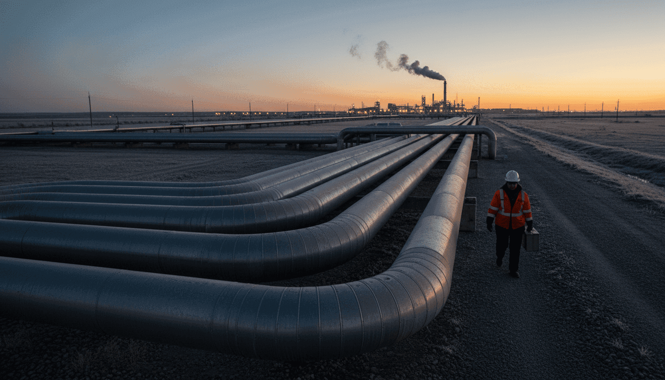 A network of large industrial pipes, including the Druzhba pipeline, carrying oil across a landscape with the EU approves Ukraine loan headline in mind.