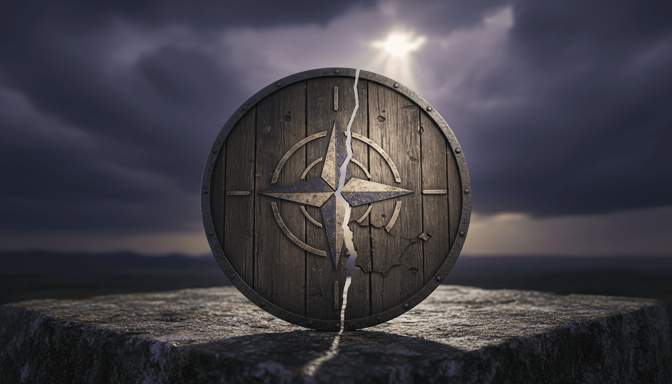 A stylized image depicting a fractured shield, with one piece subtly detaching, symbolizing the Pentagon considers suspending Spain from NATO and alliance disunity.