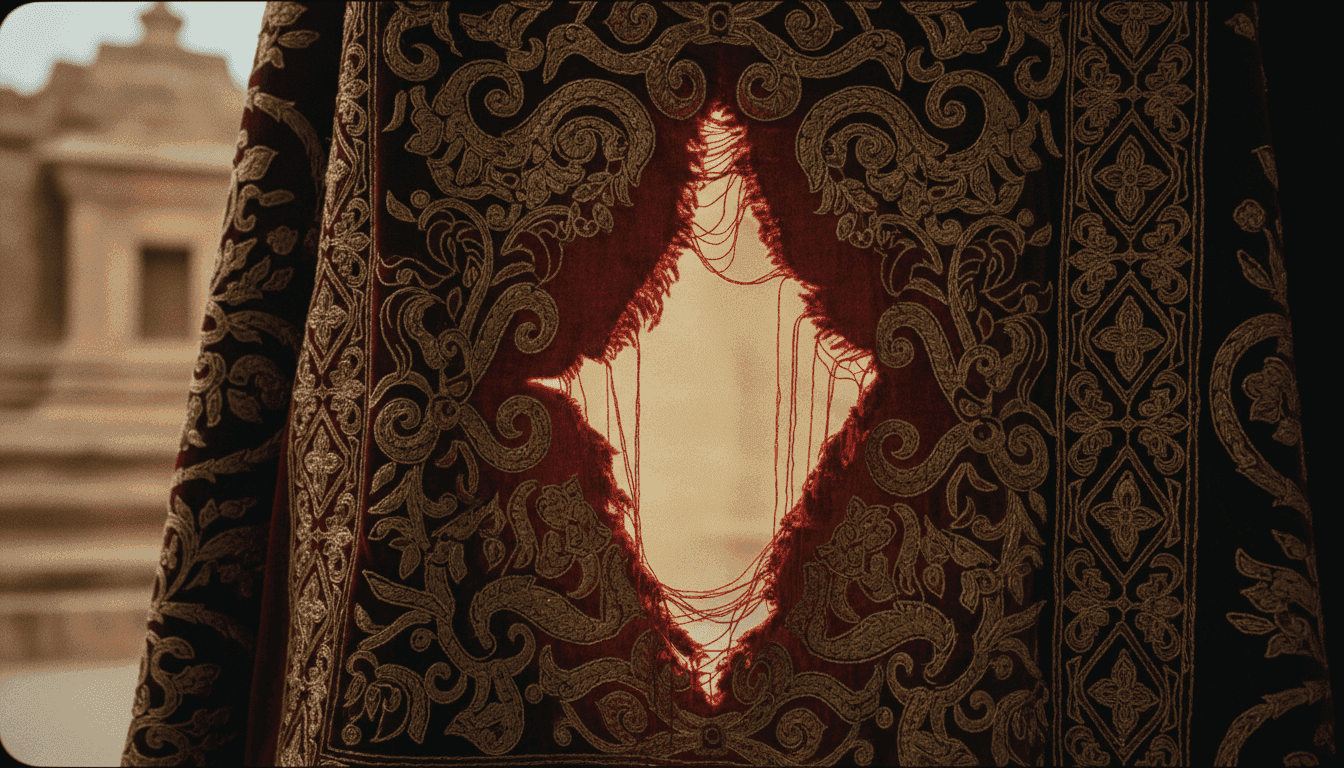 A symbolic depiction of the Epstein Kiswah revelations, showing a fragmented sacred textile.