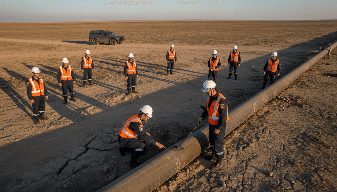 Security personnel examining the area around a pipeline after a pipeline explosives discovery, with warning tape visible.