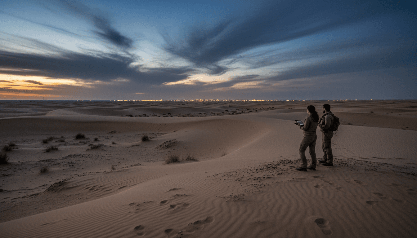 A wide shot of a desert landscape at dusk with distant city lights, symbolizing the broader Middle East conflict escalation and the disrupted flow of information.