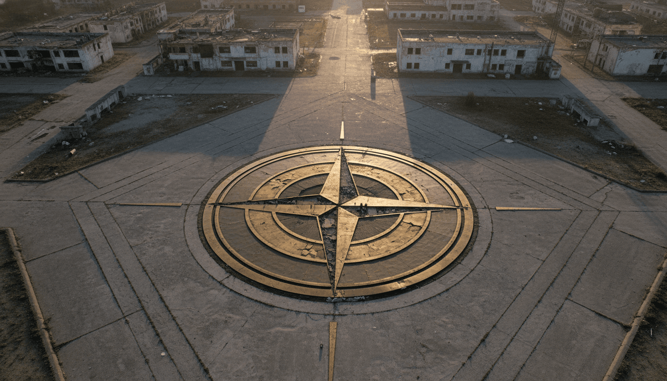 A close-up of a tarnished NATO emblem, symbolizing the potential for dramatic punishment for NATO countries and the erosion of alliance unity.
