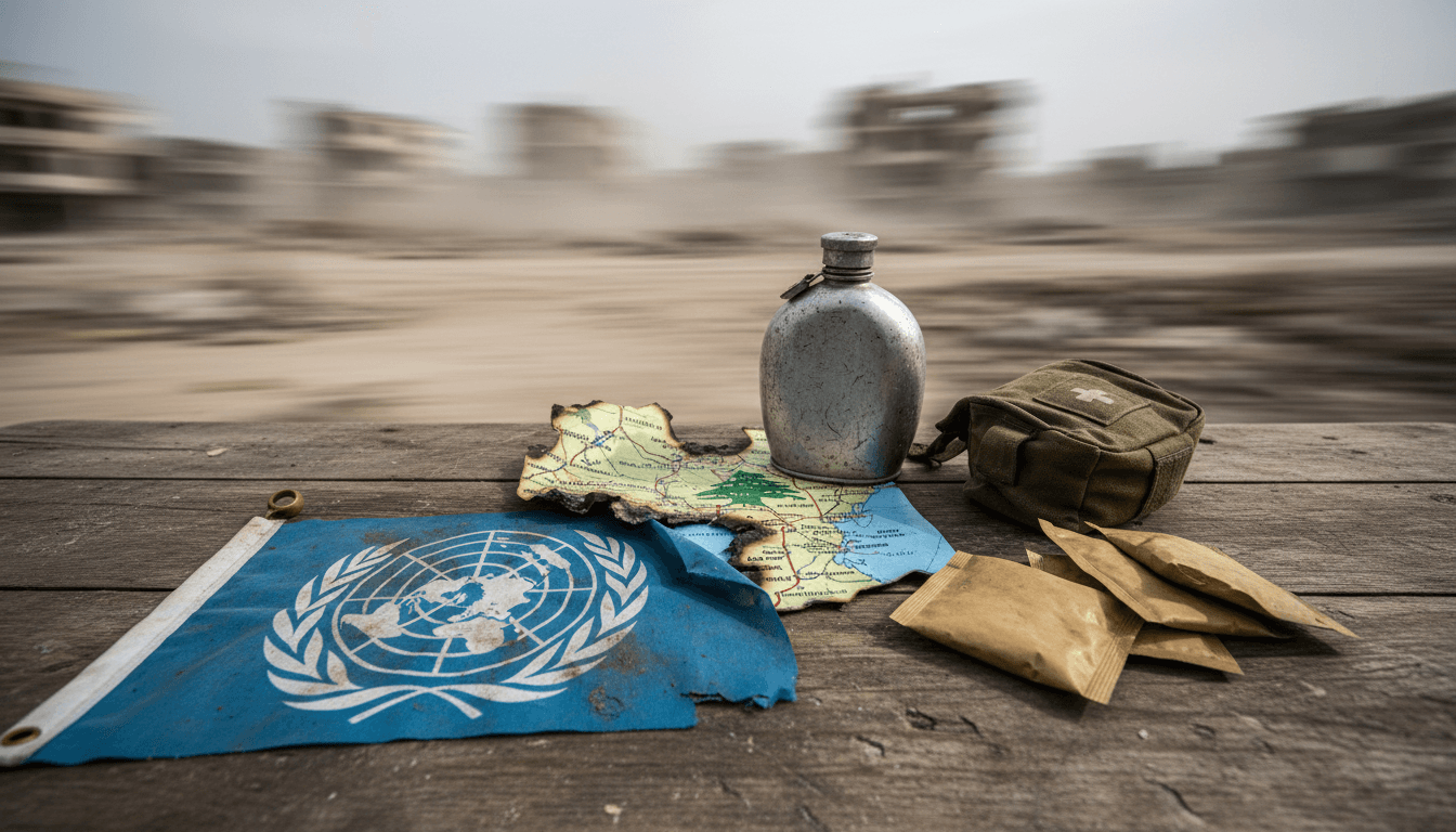 A stark still life depicting the aftermath of massive Israeli attacks, with a broken UN flag, a damaged map of Lebanon, and scattered aid supplies.