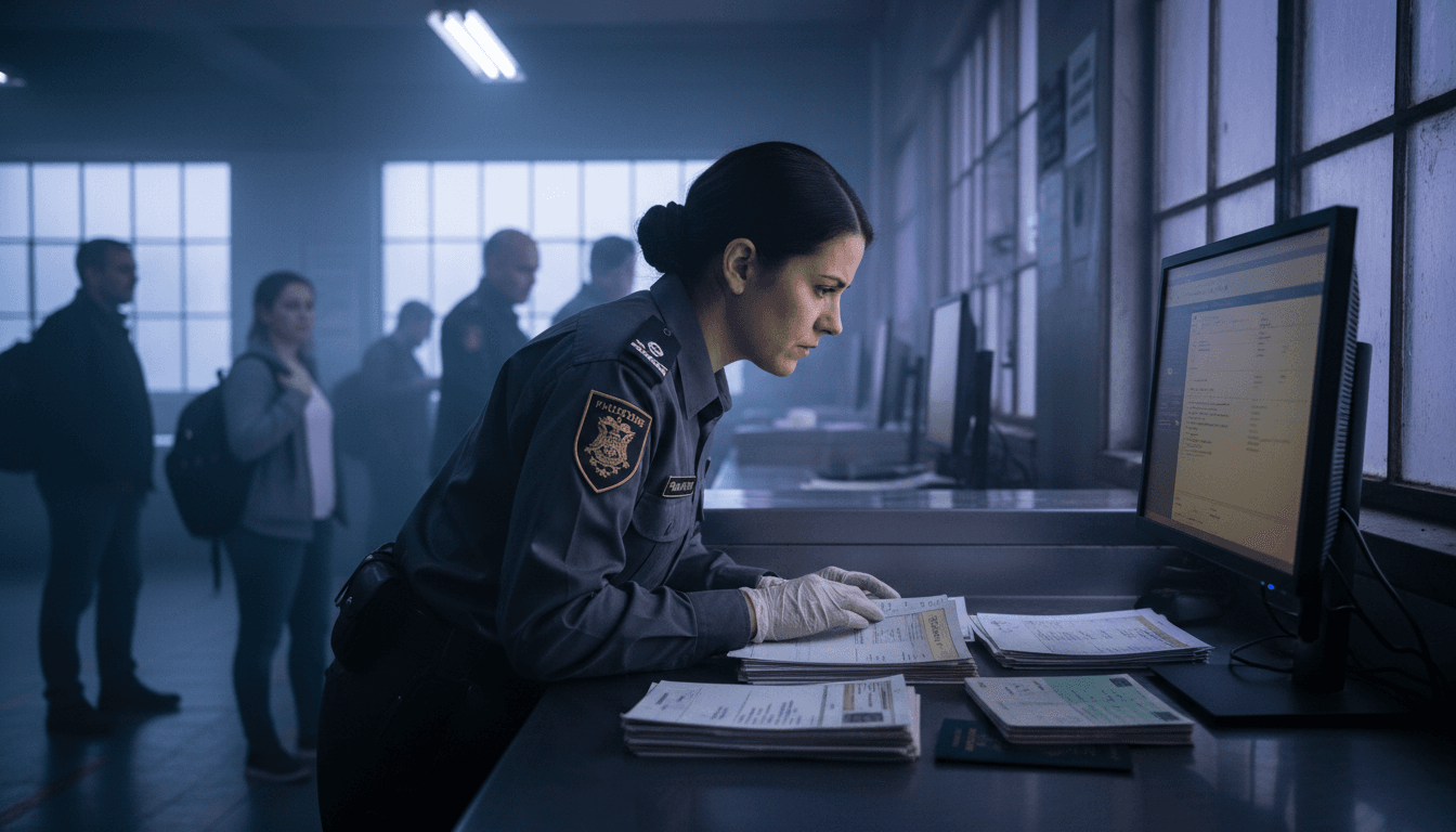 A British border force agent reviewing documents at a processing center, highlighting the stunning migrant scheme abuse detected.