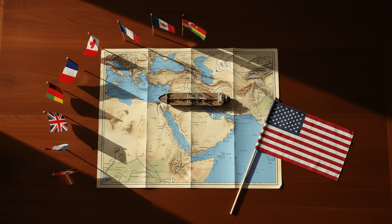 A detailed still life composition featuring a miniature oil tanker navigating a map of the Strait of Hormuz, surrounded by small flags representing NATO allies and a stylized U.S. flag, symbolizing the refusal of NATO allies to join Trump's Strait of Hormuz blockade.