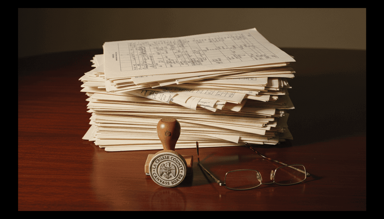 A close-up of official election documents, including tally sheets and poll books, being meticulously reviewed by hands wearing white gloves, with a 'La Crosse County canvass board review' sign partially visible.