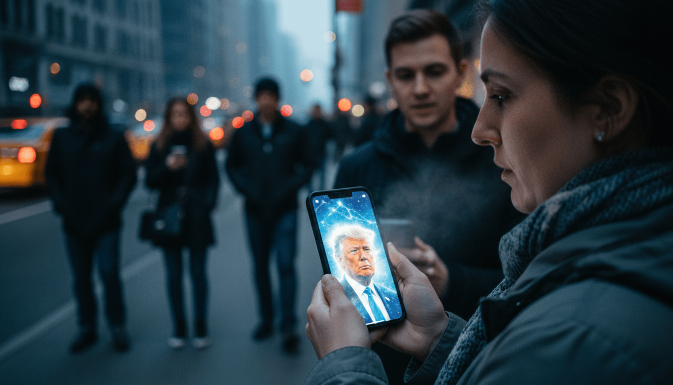 A digitally altered image of Donald Trump, with an ethereal glow, circulating on a smartphone screen, emblematic of the Trump’s AI image sparks global theological crisis.