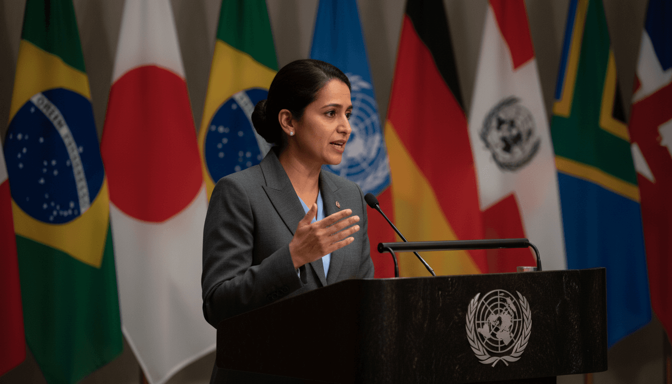A UN official at a podium making a statement about the US-Iran ceasefire, with flags in the background.