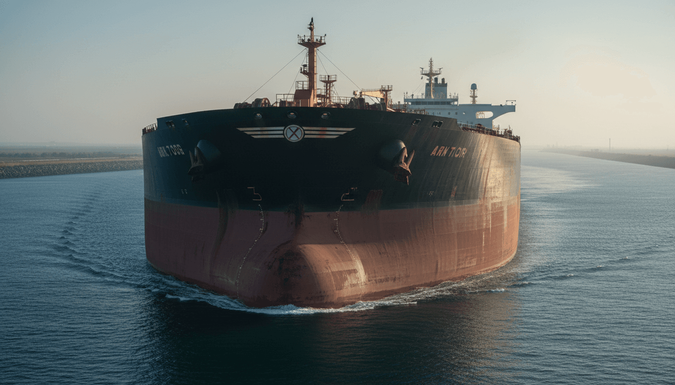 A close-up view of a ship's hull passing through the narrow, glistening waters of the Strait of Hormuz, symbolizing the impending humanitarian crisis.