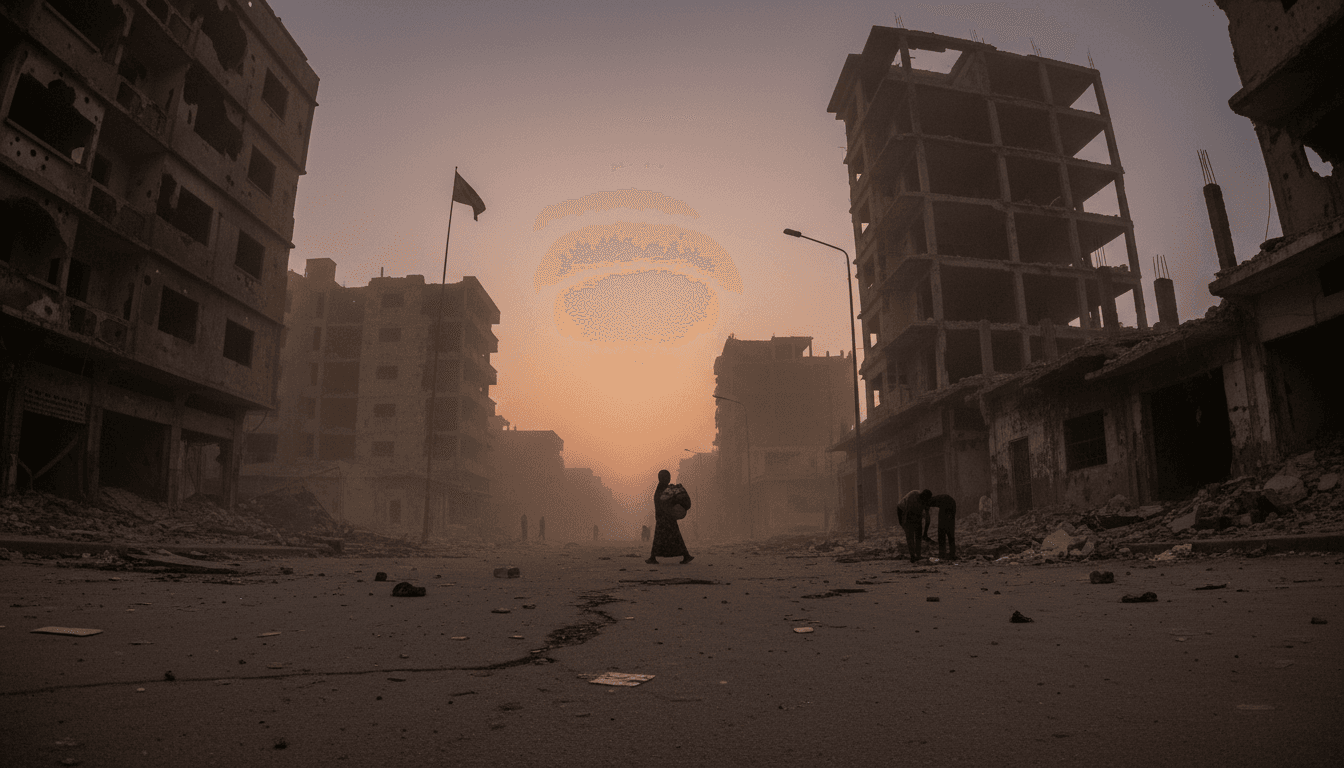 A desolate, dust-filled street in a Sudanese city, with the faint outline of damaged buildings under a hazy, late afternoon sky, conveying the prolonged conflict as the Sudan war enters its fourth year.