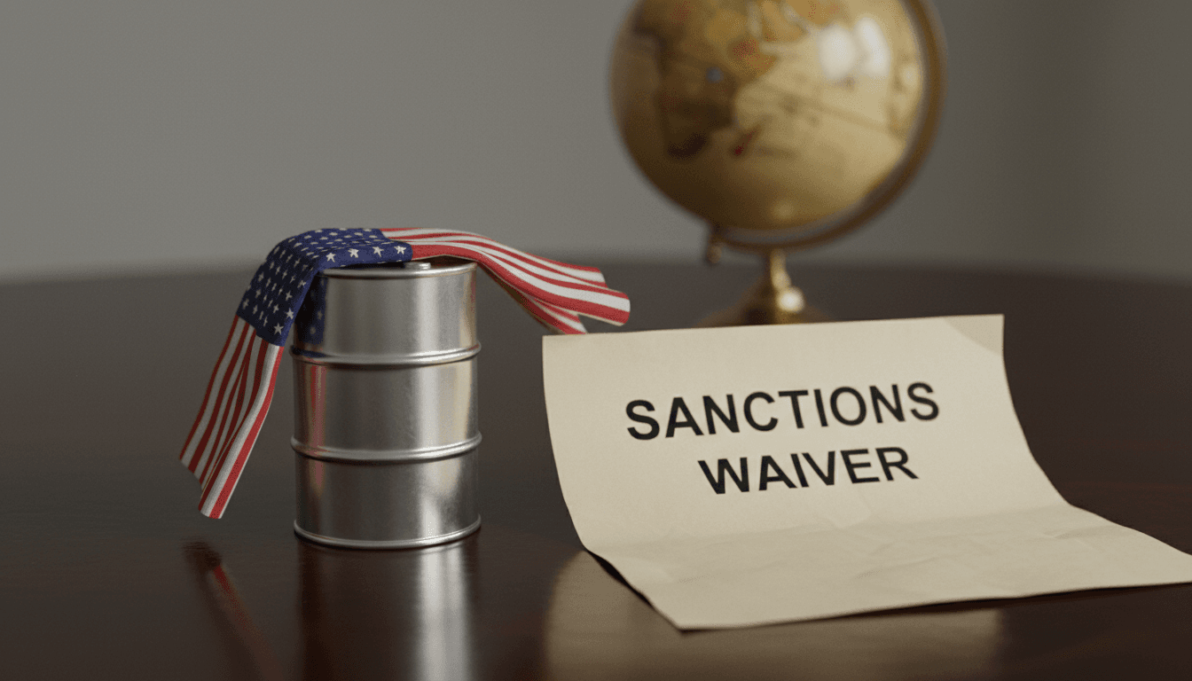 A still life composition featuring a miniature oil barrel with a small US flag draped over it, next to a document labeled 'Sanctions Waiver' and a globe, symbolizing the US extends Russian oil sanctions waiver.