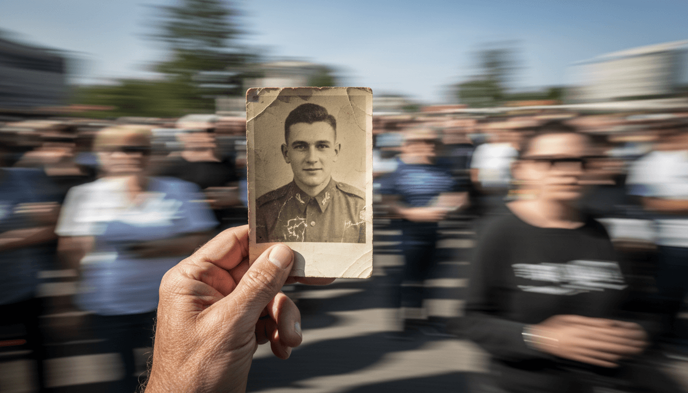 A close-up shot of a protestor's hand holding a weathered, black-and-white photograph of a missing person, symbolizing the Balochistan disappearances.