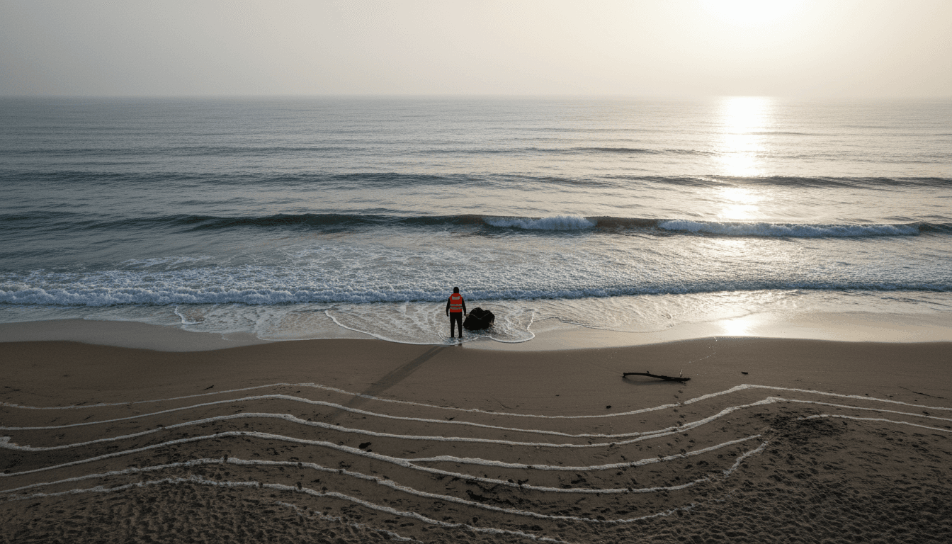 A somber scene of a migrant body recovery operation on a sandy Libyan beach, with a rescue worker in the foreground.