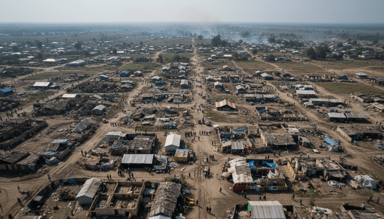 An aerial view showing the widespread destruction and displacement caused by the Myanmar civil war, with damaged structures and makeshift camps visible.